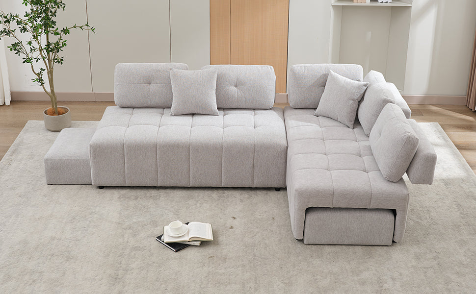 91.73" L Shaped Sofa Sectional Sofa Couch With 2 Stools And 2 Lumbar Pillows For Living Room, Light Grey Light Grey Chenille