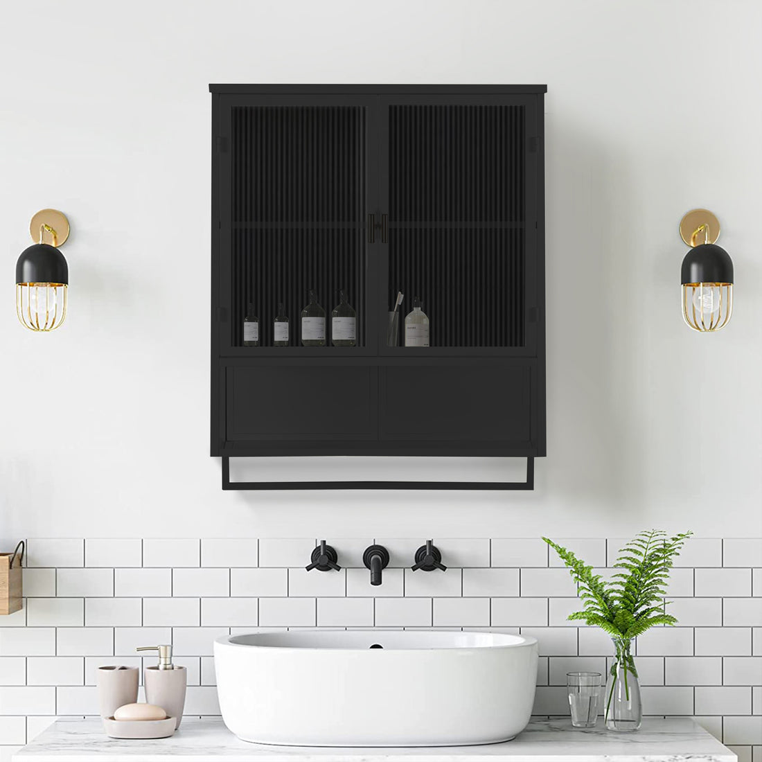 23.62"Glass Doors Modern Two Door Wall Cabinet With Featuring Two Tier Enclosed Storage, An Open Shelf, And Towel Rack, For Entryway Living Room Bathroom Dining Room,Black Black Glass Metal