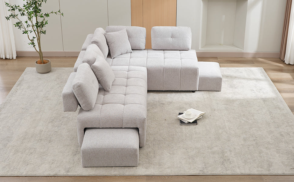 91.73" L Shaped Sofa Sectional Sofa Couch With 2 Stools And 2 Lumbar Pillows For Living Room, Light Grey Light Grey Chenille