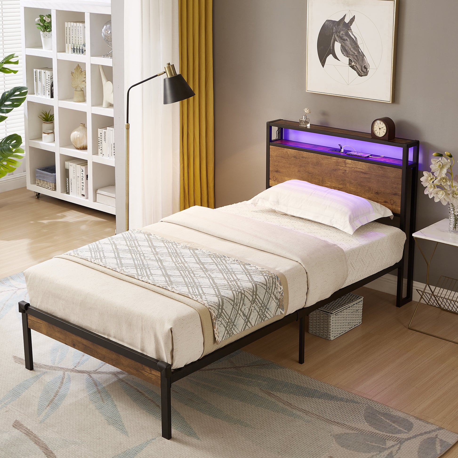 Twin Size Metal Platform Bed Frame With Wooden Headboard And Footboard With Usb Liner, Led Lights ,No Box Spring Needed, Large Under Bed Storage, Easy Assemble Black Brown Metal