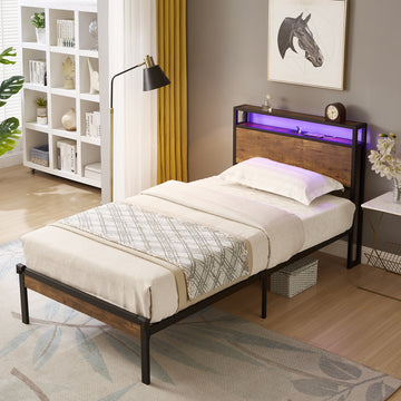 Twin Size Metal Platform Bed Frame With Wooden Headboard And Footboard With Usb Liner, Led Lights ,No Box Spring Needed, Large Under Bed Storage, Easy Assemble Black Brown Metal