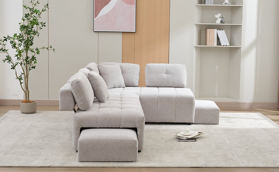 91.73" L Shaped Sofa Sectional Sofa Couch With 2 Stools And 2 Lumbar Pillows For Living Room, Light Grey Light Grey Chenille