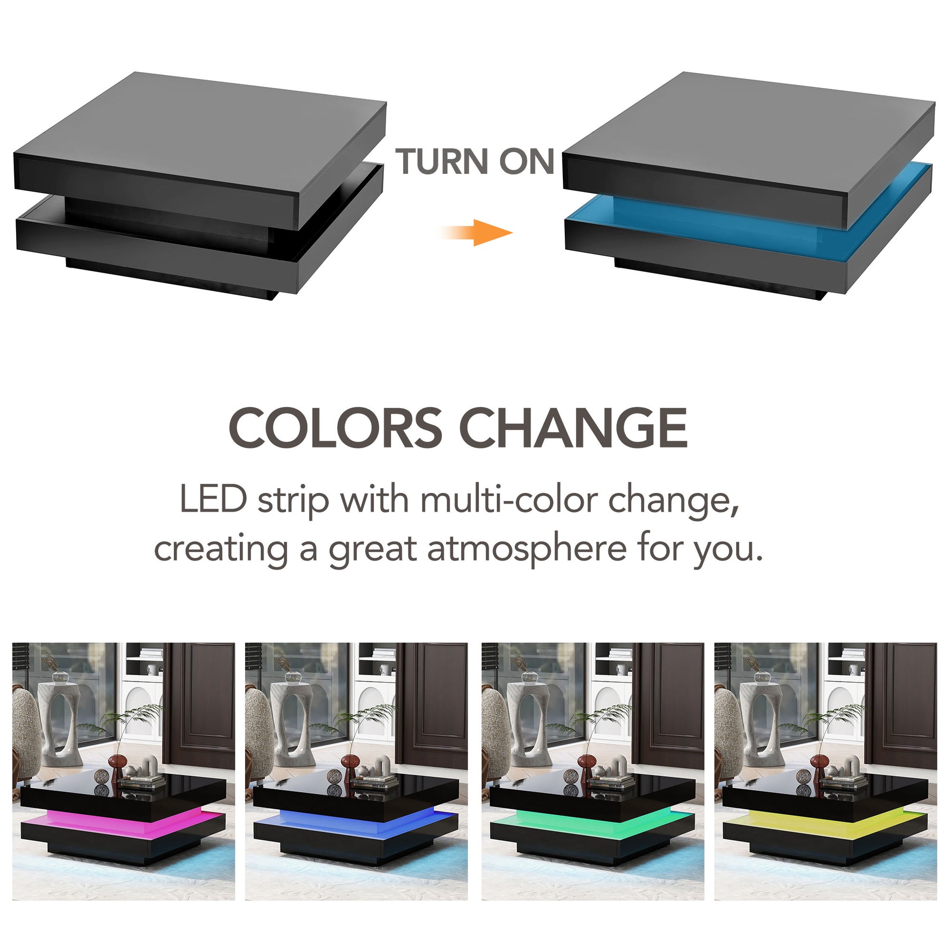 High Gloss Minimalist Design With Led Lights, 2 Tier Square Coffee Table, Center Table For Living Room, 31.5''X31.5''X14.2'',Black Black Particle Board