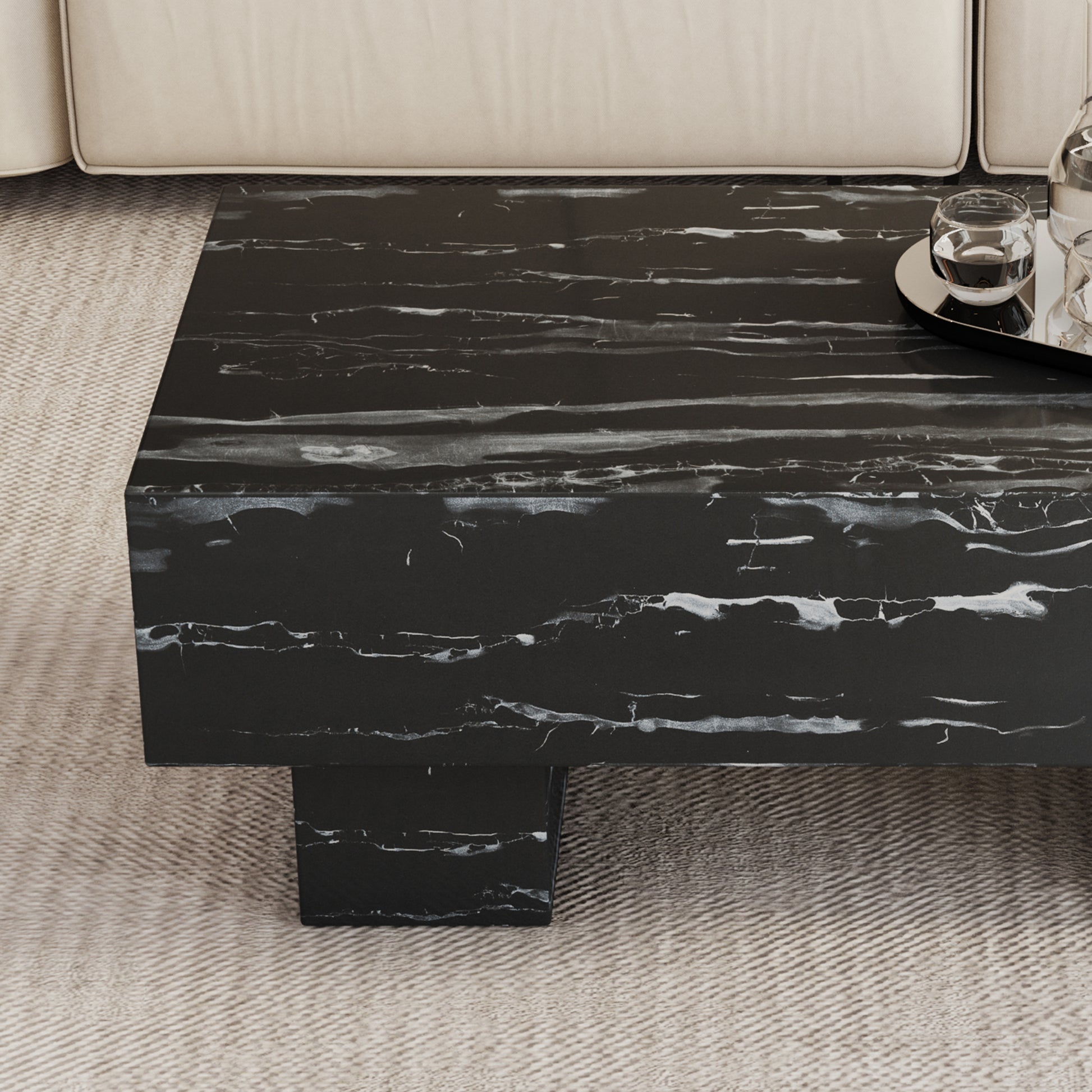 The Black Coffee Table Has Patterns. Modern Rectangular Table, Suitable For Living Rooms And Apartments. 43.3"*21.6"*17.2" Black Mdf
