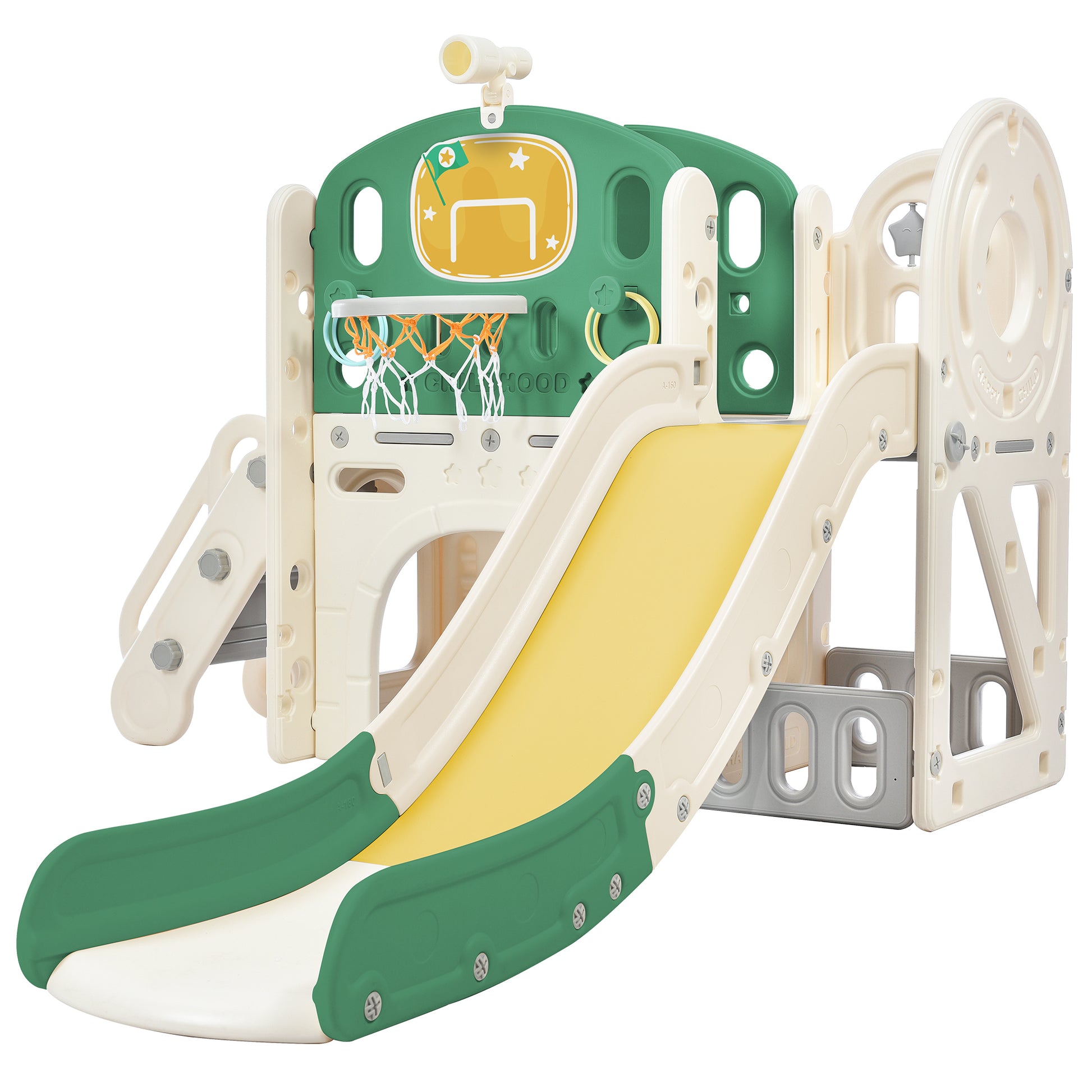 Kids Slide Playset Structure, Freestanding Castle Climbing Crawling Playhouse With Slide, Arch Tunnel, Ring Toss, And Basketball Hoop, Toy Storage Organizer For Toddlers, Kids Climbers Playground Green Hdpe