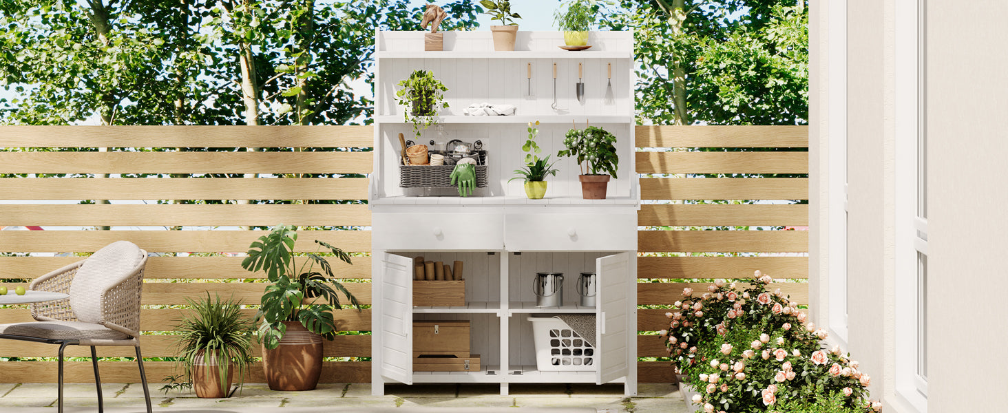 65Inch Garden Potting Bench Table, Fir Wood Workstation With Storage Shelf, Drawer And Cabinet, White White Water Resistant Frame Garden & Outdoor Rustic Wood