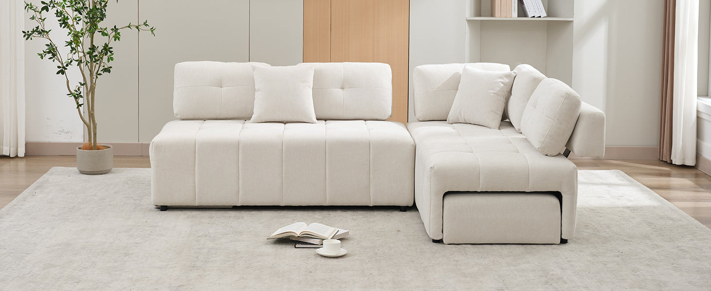 91.73" L Shaped Sofa Sectional Sofa Couch With 2 Stools And 2 Lumbar Pillows For Living Room, Biege Beige Chenille