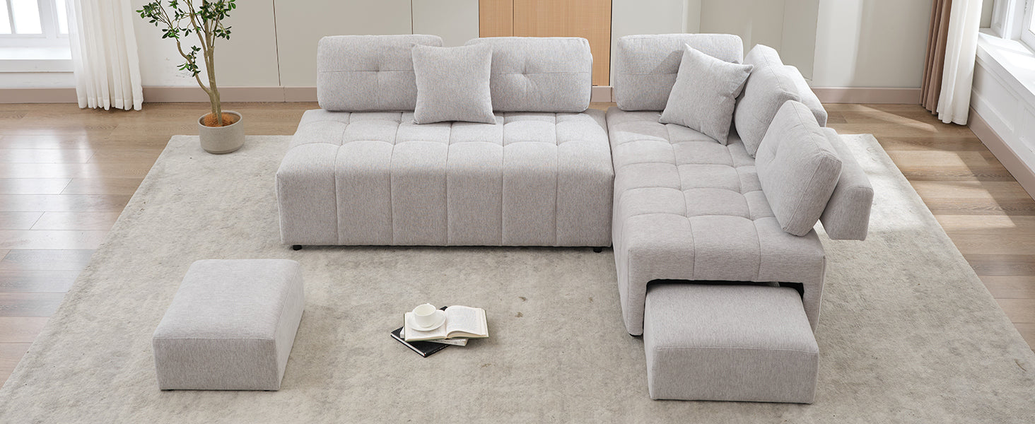 91.73" L Shaped Sofa Sectional Sofa Couch With 2 Stools And 2 Lumbar Pillows For Living Room, Light Grey Light Grey Chenille