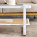 Modern Minimalist White Double Layered Solid Wood Coffee Table. Glass Tabletop, Imitation Rattan Edge Table. Rectangular Table Suitable For Living Room, Dining Room, And Bedroom White Wood