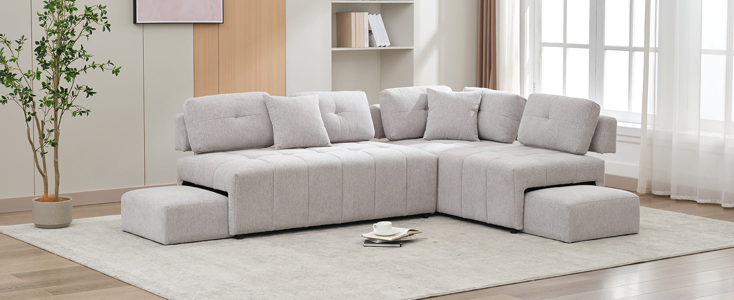 91.73" L Shaped Sofa Sectional Sofa Couch With 2 Stools And 2 Lumbar Pillows For Living Room, Light Grey Light Grey Chenille