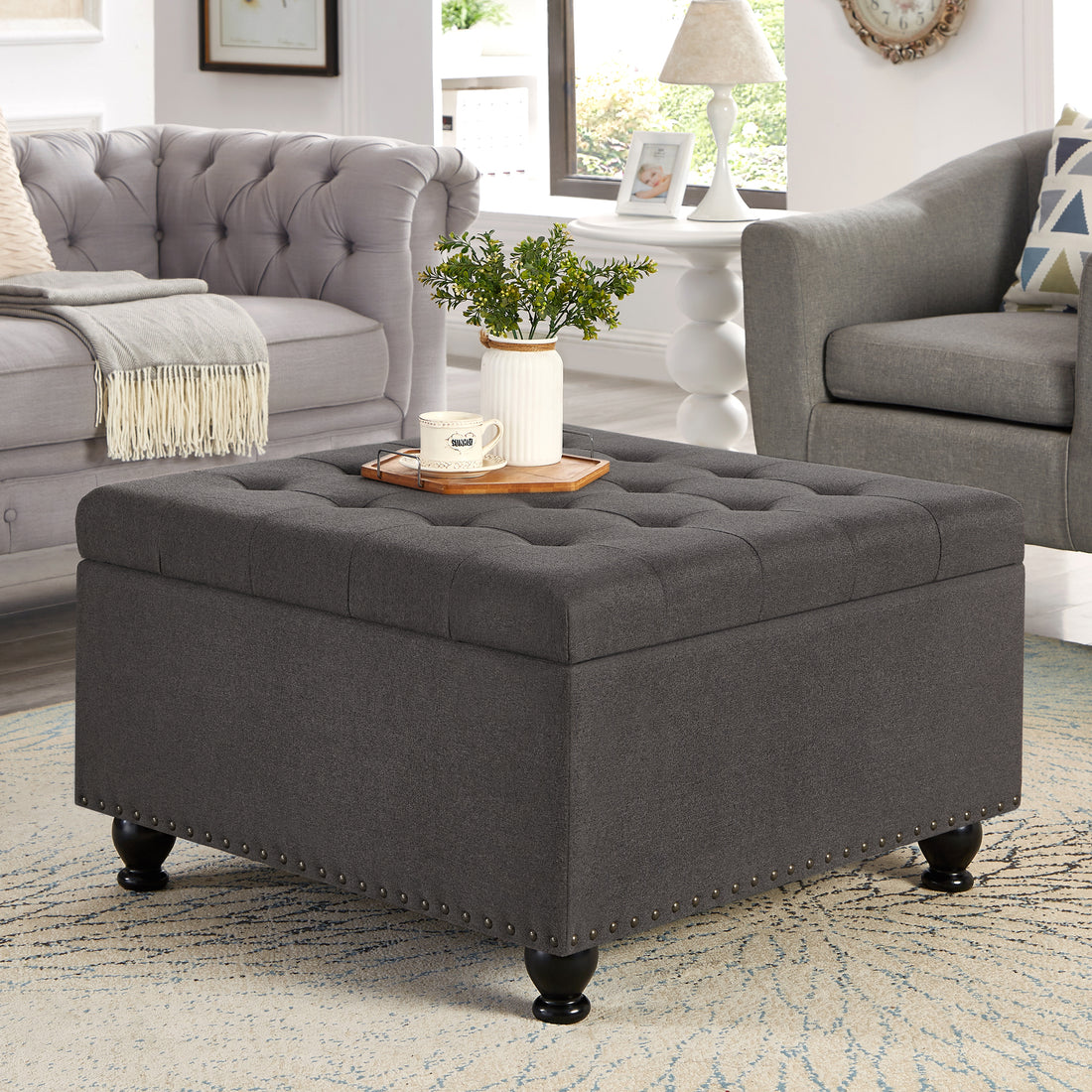 Large Square Storage Ottoman With Wooden Legs, Upholstered Button Tufted Coffee Table With Nail Trims For Living Space,Dark Grey Espresso Wood Primary Living Space Black Solid Rubberwood Wood With Storage Dark Gray Linen Linen Or Linen Blend Backless