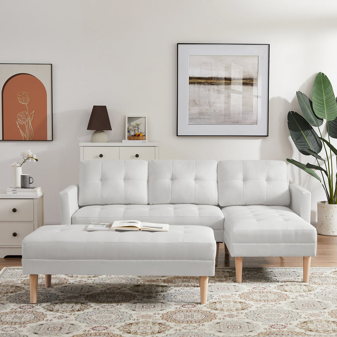 White Fabric Right Facing Sectional Sofa Bedl Shape Sofa Chaise Lounge With Ottoman Bench White Wood Tufted Back Square Arms Foam Fabric 3 Seat