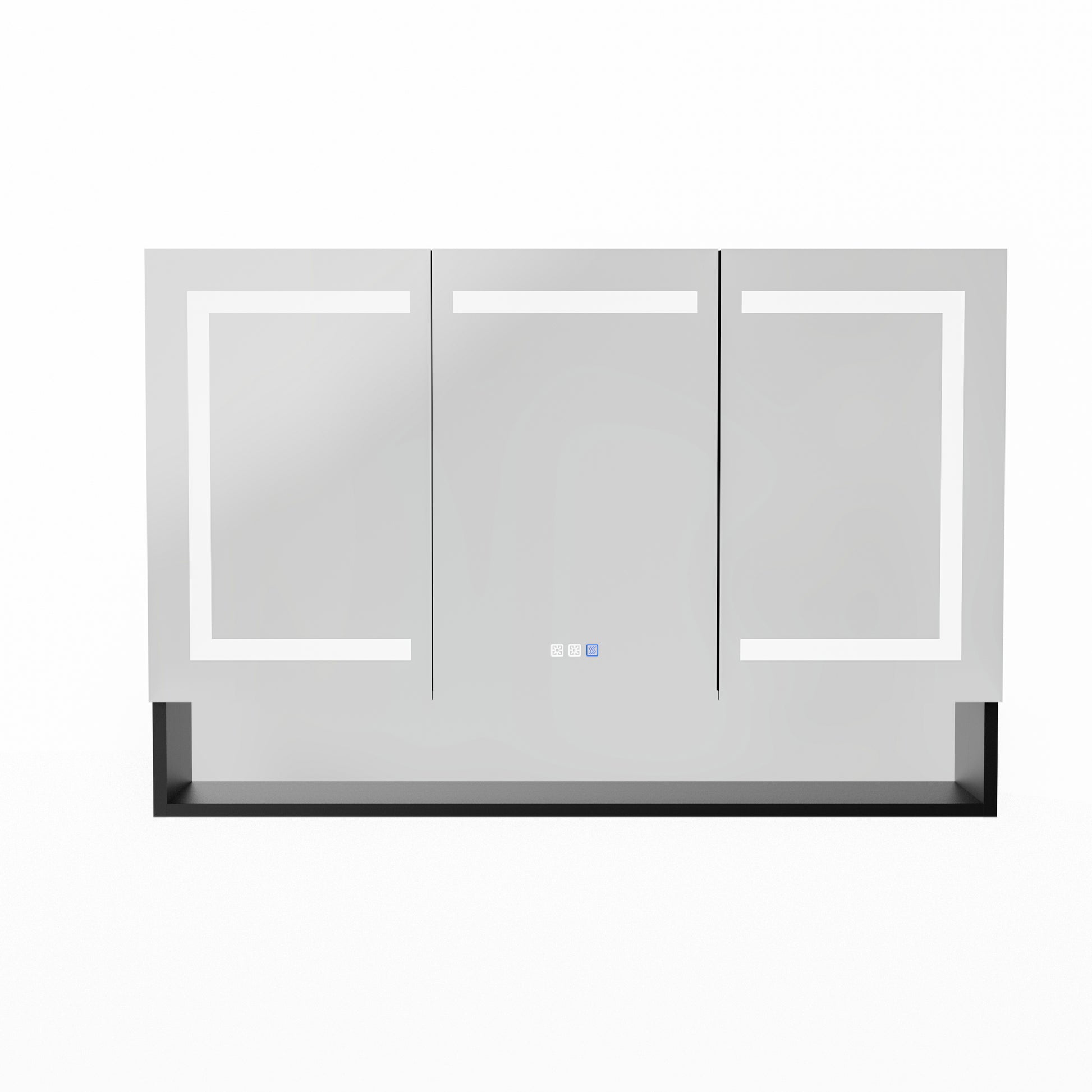 Lighted Medicine Cabinet 48 X 32 Inch, Recessed Or Surfaceclock, Room Temp Display,Defog,Night Light,Stepless Dimming,3000K 6400K, Outlets & Usbs,Double Sided Mirror.Black External Storage Shelf. Silver Aluminium