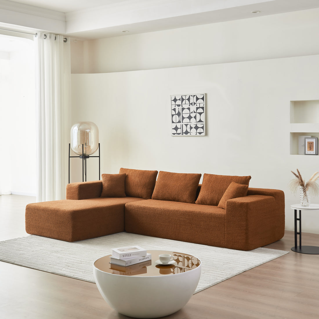 104.33" Sponge Sectional Sofa Couch For Living Room, L Shaped Modern Lamb Modular High Density Sponge Floor Sofa, Sherpa Fabric Sofa Couch With Chaise Lounge, Upholstered Corner Cloud Couch, Orange Orange Primary Living Space Pillow Back Square Arms Foam