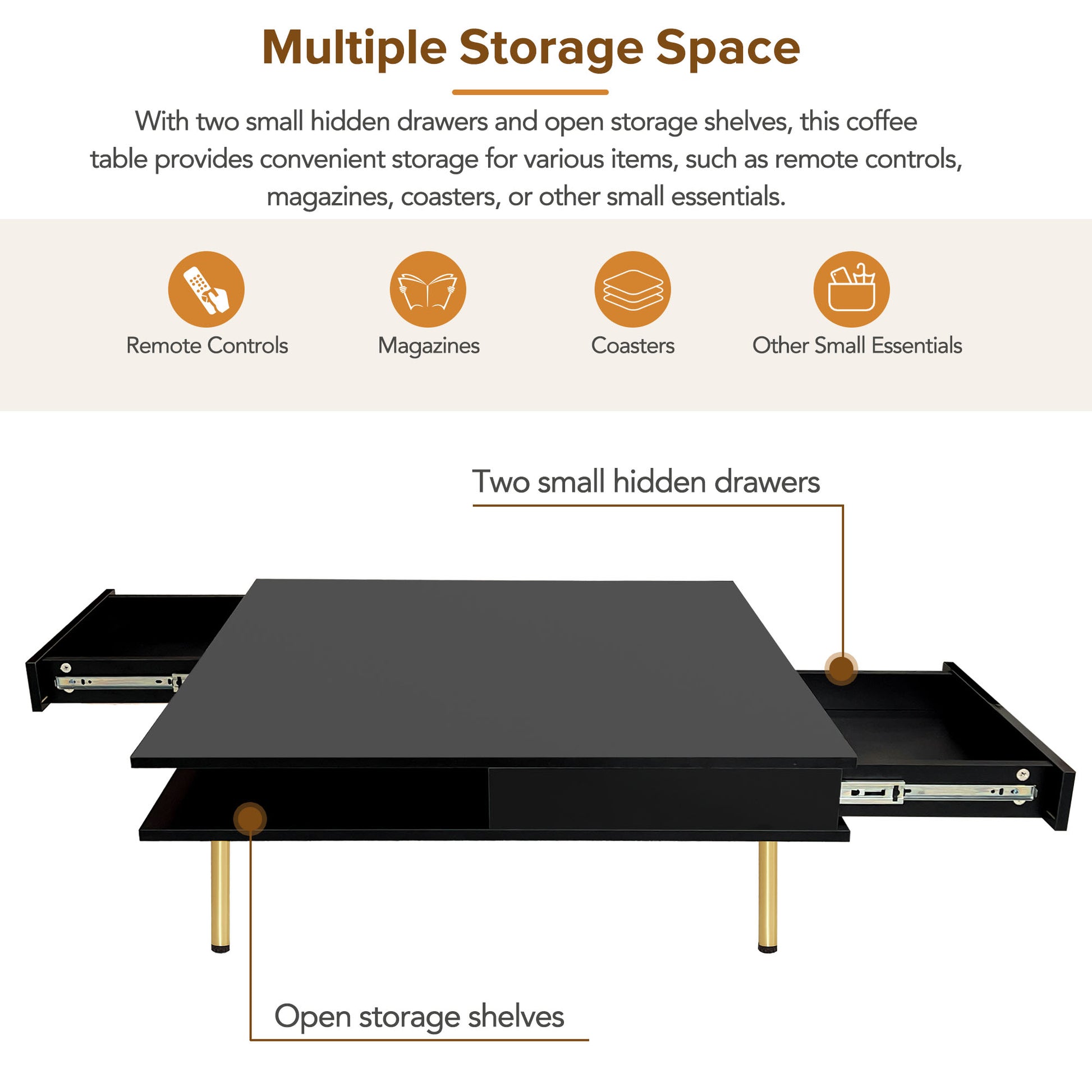 Exquisite High Gloss Coffee Table With 4 Golden Legs And 2 Small Drawers, 2 Tier Square Center Table For Living Room, Black Black Primary Living Space Particle Board
