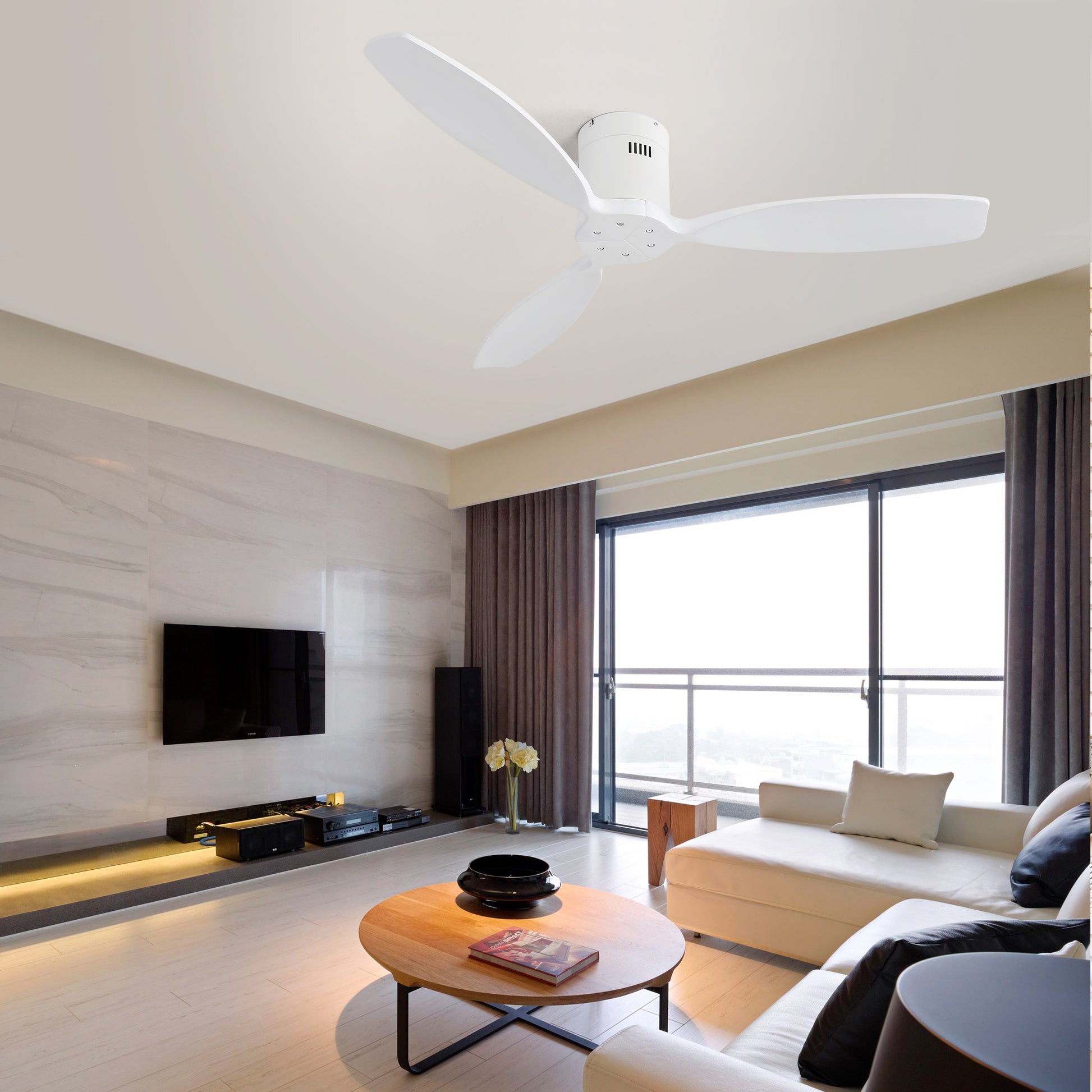 52 Inch Indoor Wooden Ceiling Fan With 3 Solid Wood Blades Remote Control Reversible Dc Motor Without Light White Metal & Wood