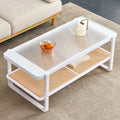 Modern Minimalist White Double Layered Solid Wood Coffee Table. Glass Tabletop, Imitation Rattan Edge Table. Rectangular Table Suitable For Living Room, Dining Room, And Bedroom White Wood