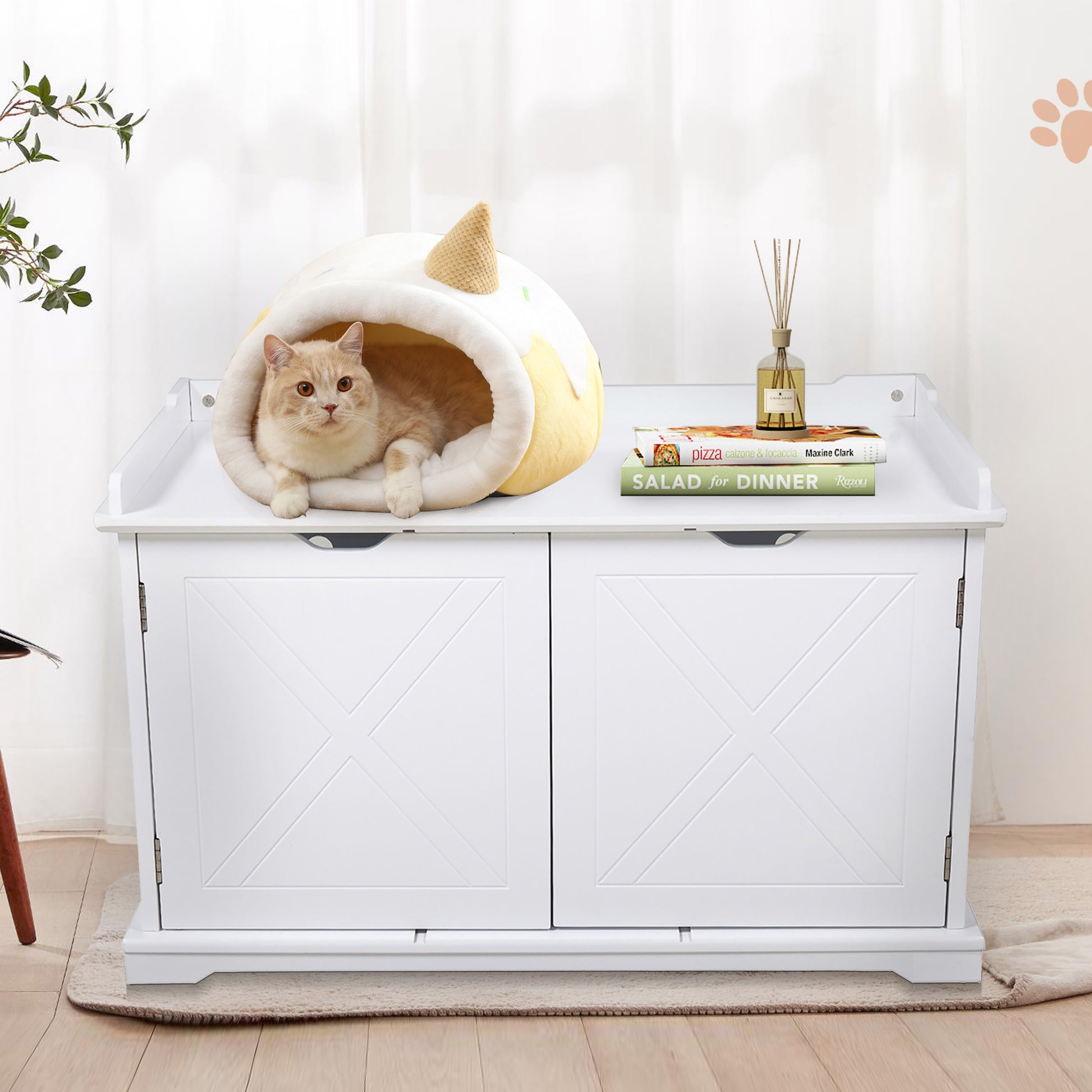 Cat Washroom Bench, Wood Litter Box Cover With Spacious Inner, Ventilated Holes, Removable Partition, Easy Access, White White Mdf