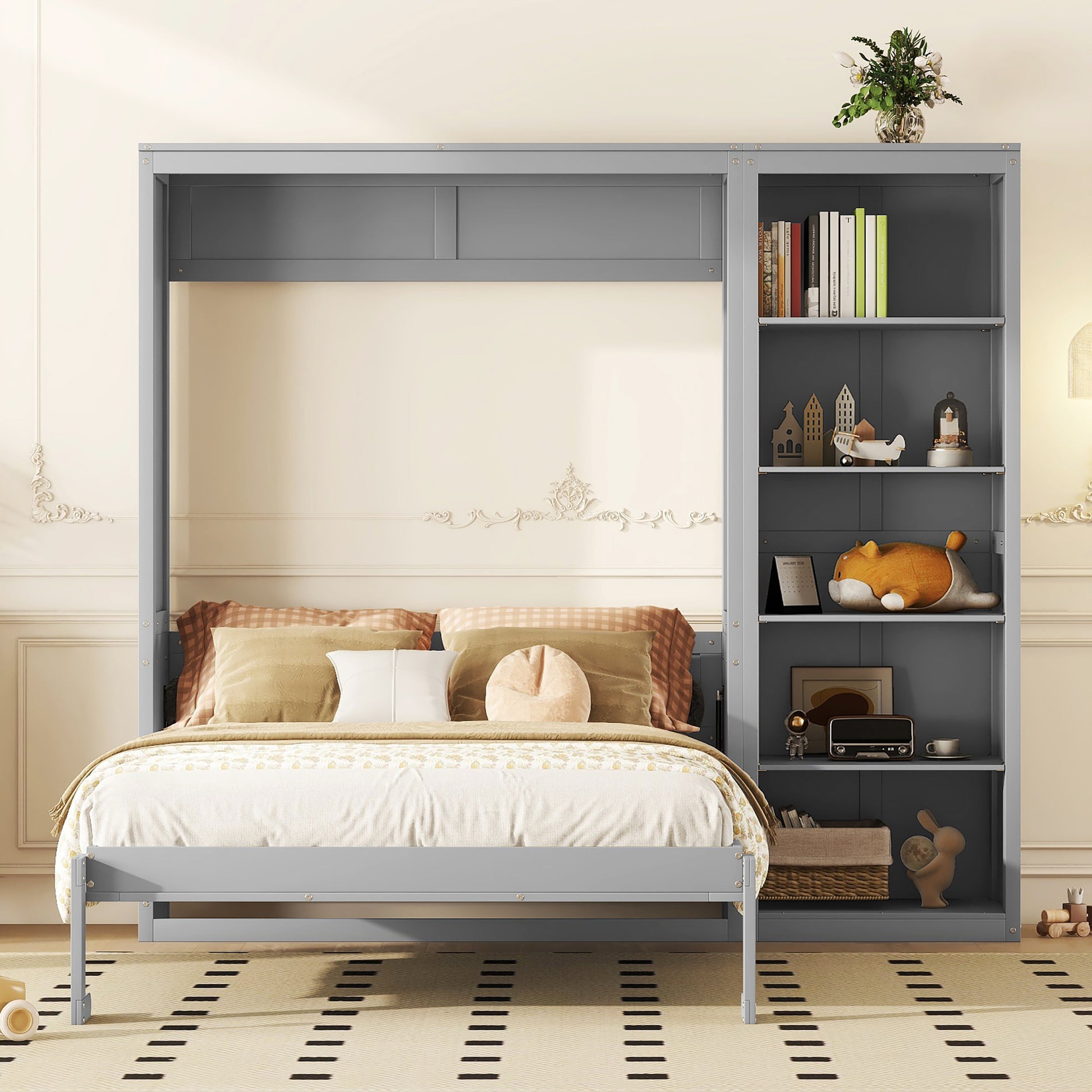 Queen Size Murphy Bed Wall Bed With Shelves,Gray Gray Solid Wood Mdf