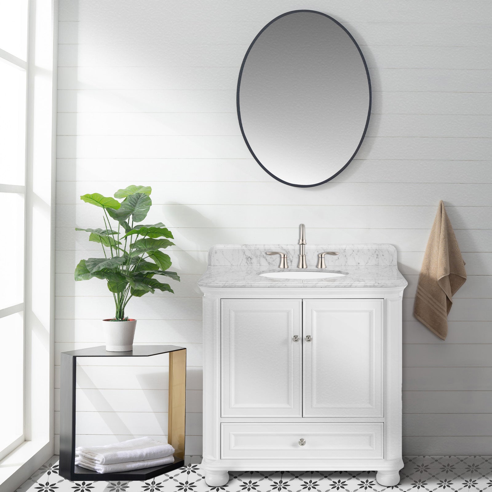 36'' Bathroom Vanity With Carrara Natural Marble Top And Backsplash, Bathroom Storage Cabinet With Doors And Drawers In White 1 White 2 Rust Resistant Bathroom Freestanding Traditional Mdf