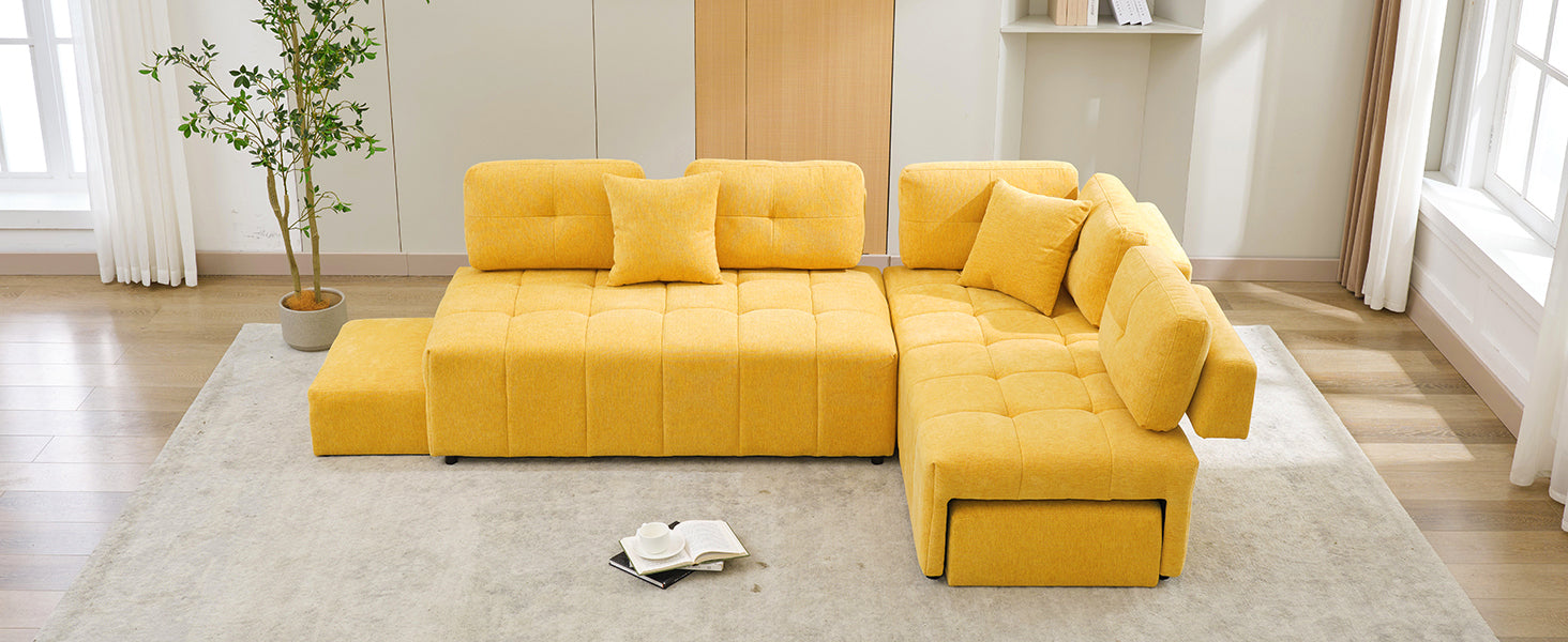 91.73" L Shaped Sofa Sectional Sofa Couch With 2 Stools And 2 Lumbar Pillows For Living Room, Yellow Yellow Chenille