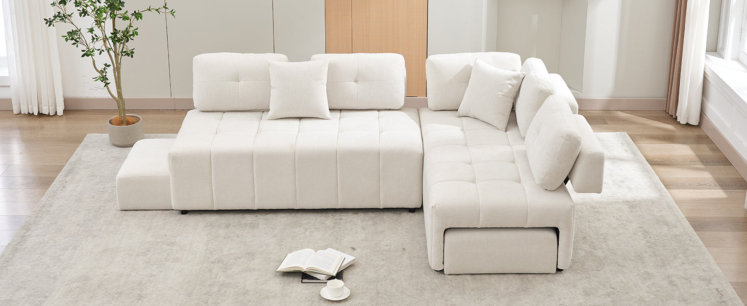 91.73" L Shaped Sofa Sectional Sofa Couch With 2 Stools And 2 Lumbar Pillows For Living Room, Biege Beige Chenille