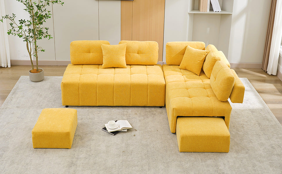 91.73" L Shaped Sofa Sectional Sofa Couch With 2 Stools And 2 Lumbar Pillows For Living Room, Yellow Yellow Chenille