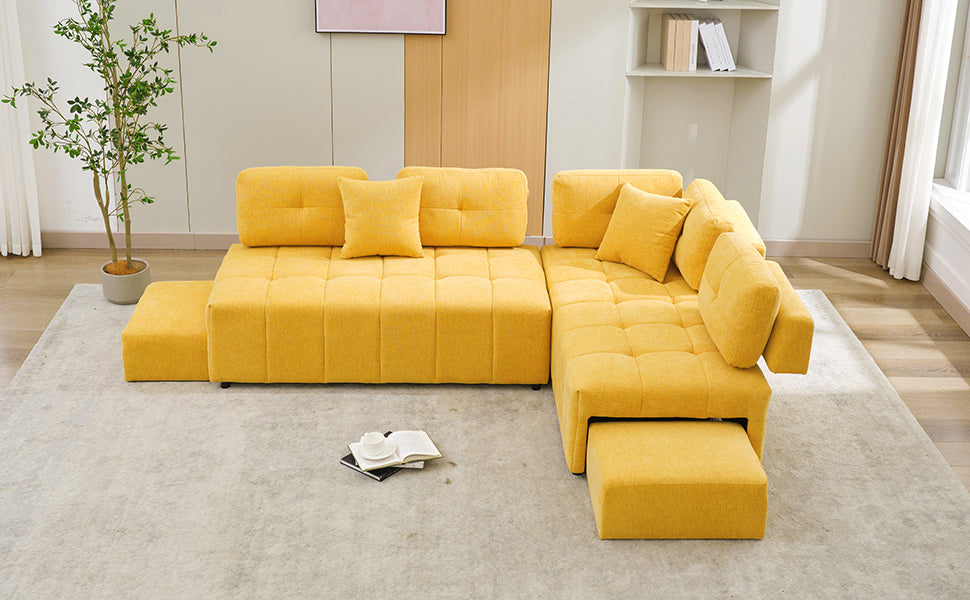 91.73" L Shaped Sofa Sectional Sofa Couch With 2 Stools And 2 Lumbar Pillows For Living Room, Yellow Yellow Chenille