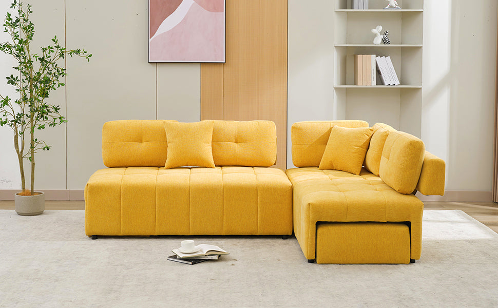 91.73" L Shaped Sofa Sectional Sofa Couch With 2 Stools And 2 Lumbar Pillows For Living Room, Yellow Yellow Chenille