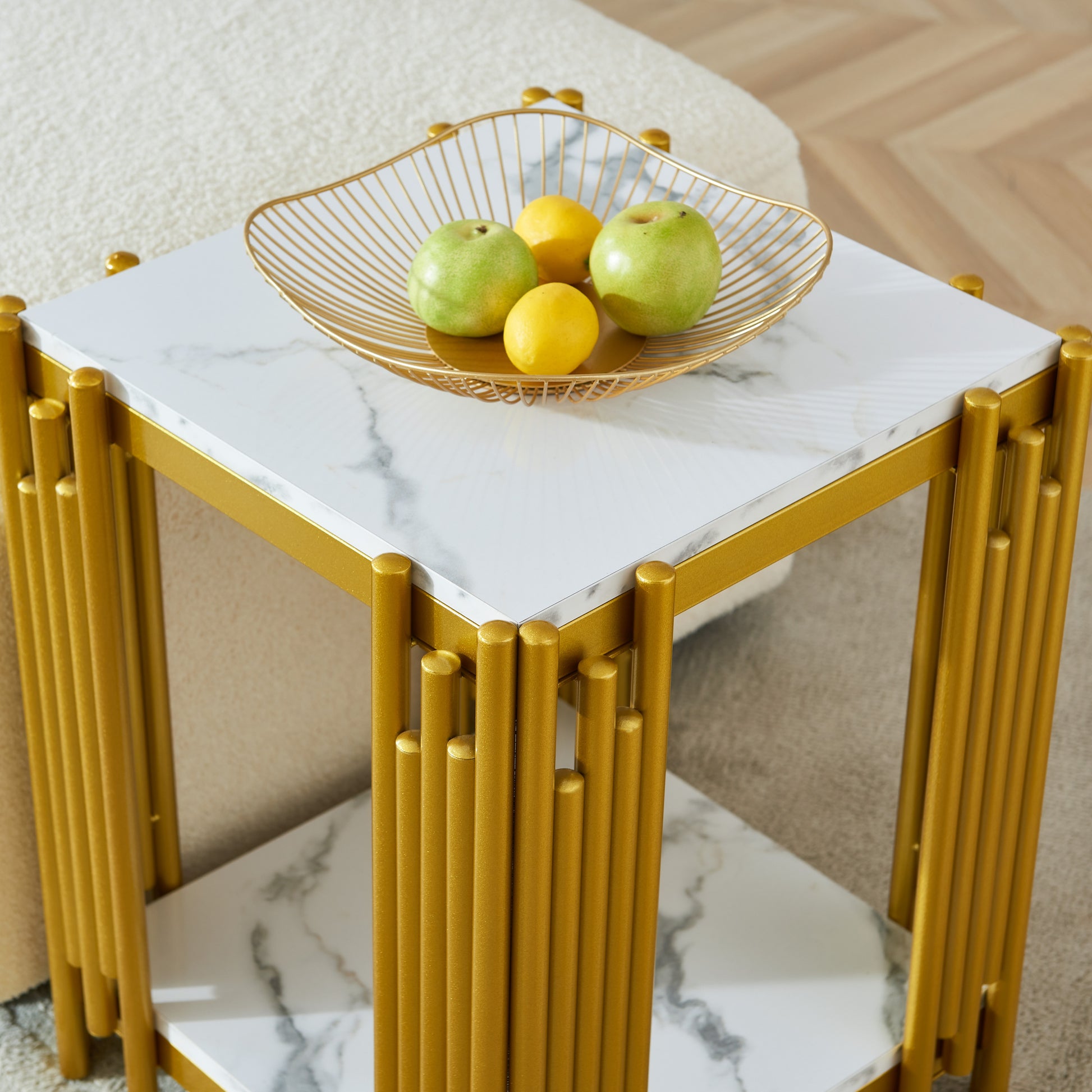 2 Tier Side Table, Faur Marbling End Table, Narrow Side Table With Storage Shelves, Modern Design Beside Table, Wood Nightstand For Living Room, Bedroom, And Office, Easy To Assembly, Gold Gold Primary Living Space Modern Square Open Storage Coffee & End