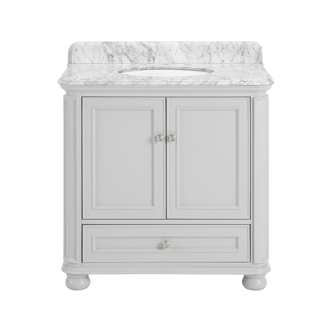 36'' Bathroom Vanity With Carrara Natural Marble Top And Backsplash, Bathroom Storage Cabinet With Doors And Drawers In Gray 1 White 2 Rust Resistant Bathroom Freestanding Traditional Mdf