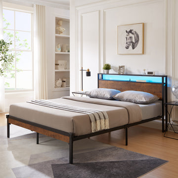 King Size Metal Platform Bed Frame With Wooden Headboard And Footboard With Usb Liner, Led Lights ,No Box Spring Needed, Large Under Bed Storage, Easy Assemble Black Brown Metal