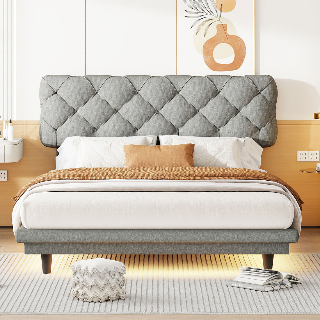 Full Size Upholstered Bed With Light Stripe, Floating Platform Bed, Linen Fabric,Gray Full Gray Linen