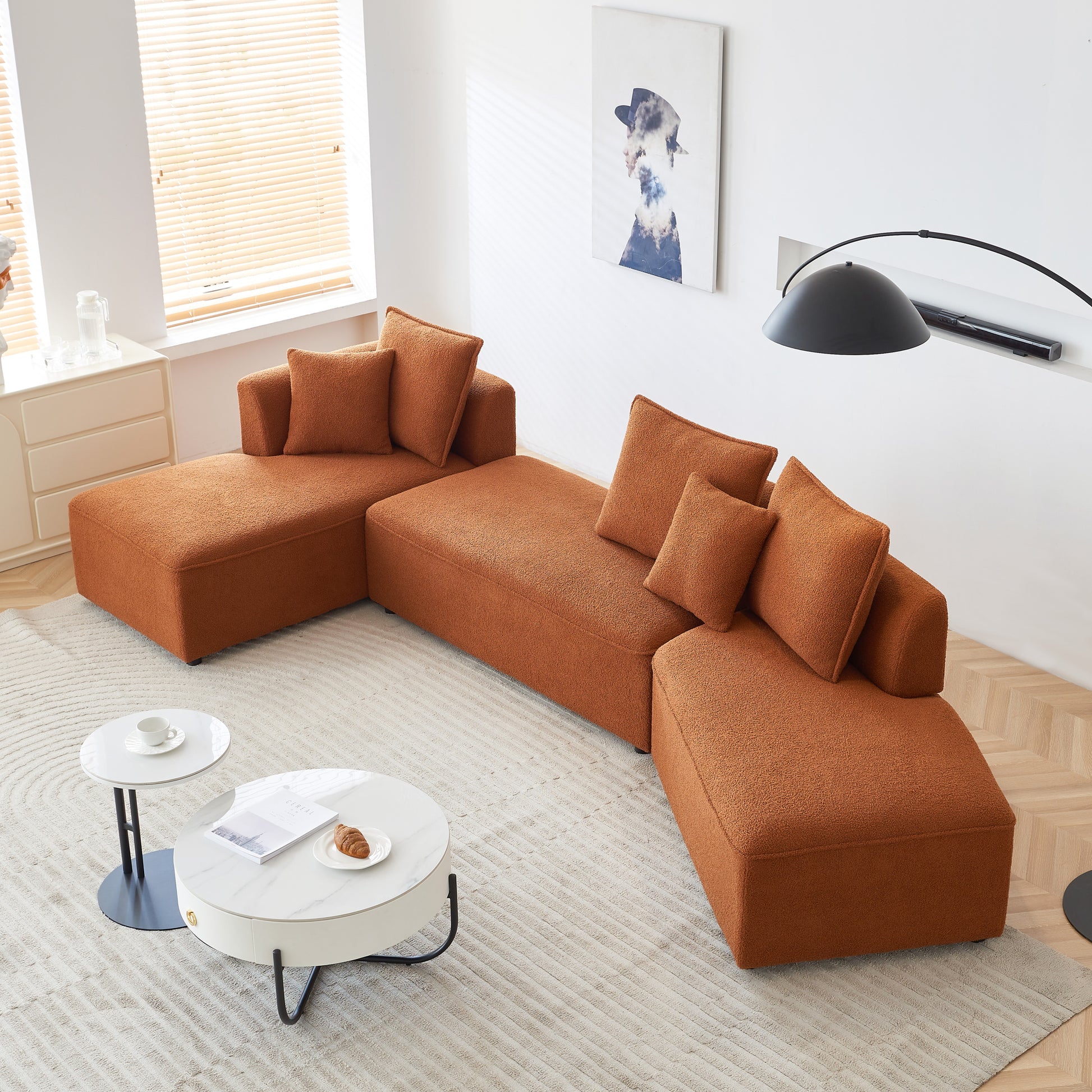 Curved Modular Sectional Sofa For Living Room, Oversized L Shaped Couch With Chaise Lounge Sofa Set, Upholstered Sofa With 3 Back Pillows & 2 Throw Pillow, For Home Office, Orange Orange Foam Sherpa