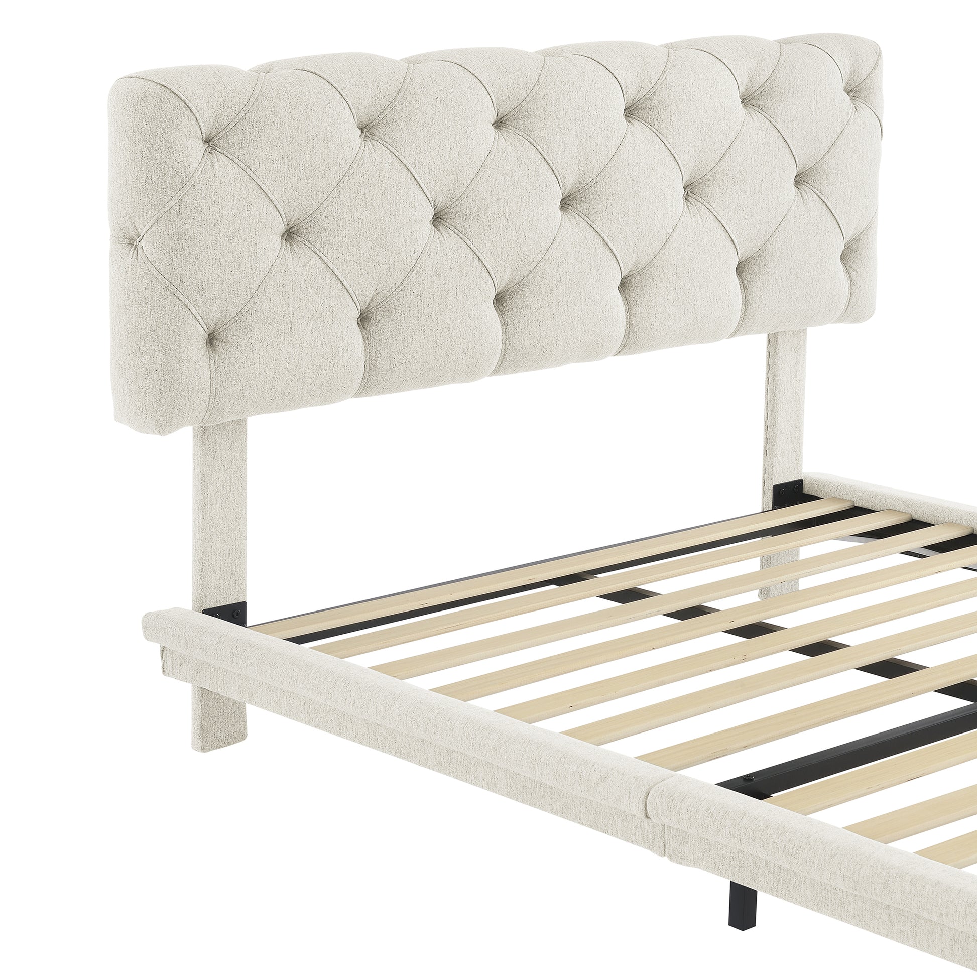 Full Size Upholstered Bed With Light Stripe, Floating Platform Bed, Linen Fabric,Beige Full Beige Linen