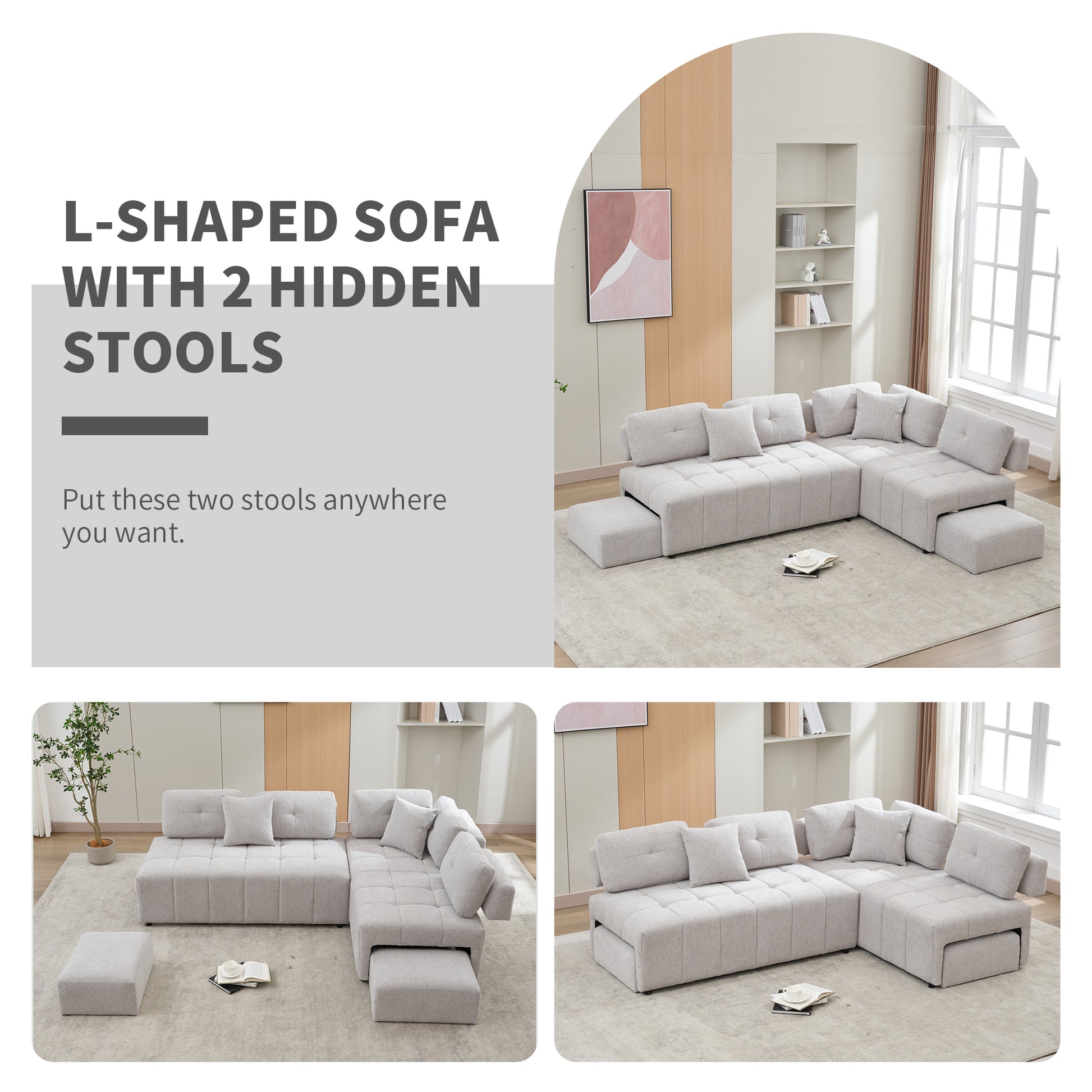 91.73" L Shaped Sofa Sectional Sofa Couch With 2 Stools And 2 Lumbar Pillows For Living Room, Light Grey Light Grey Chenille