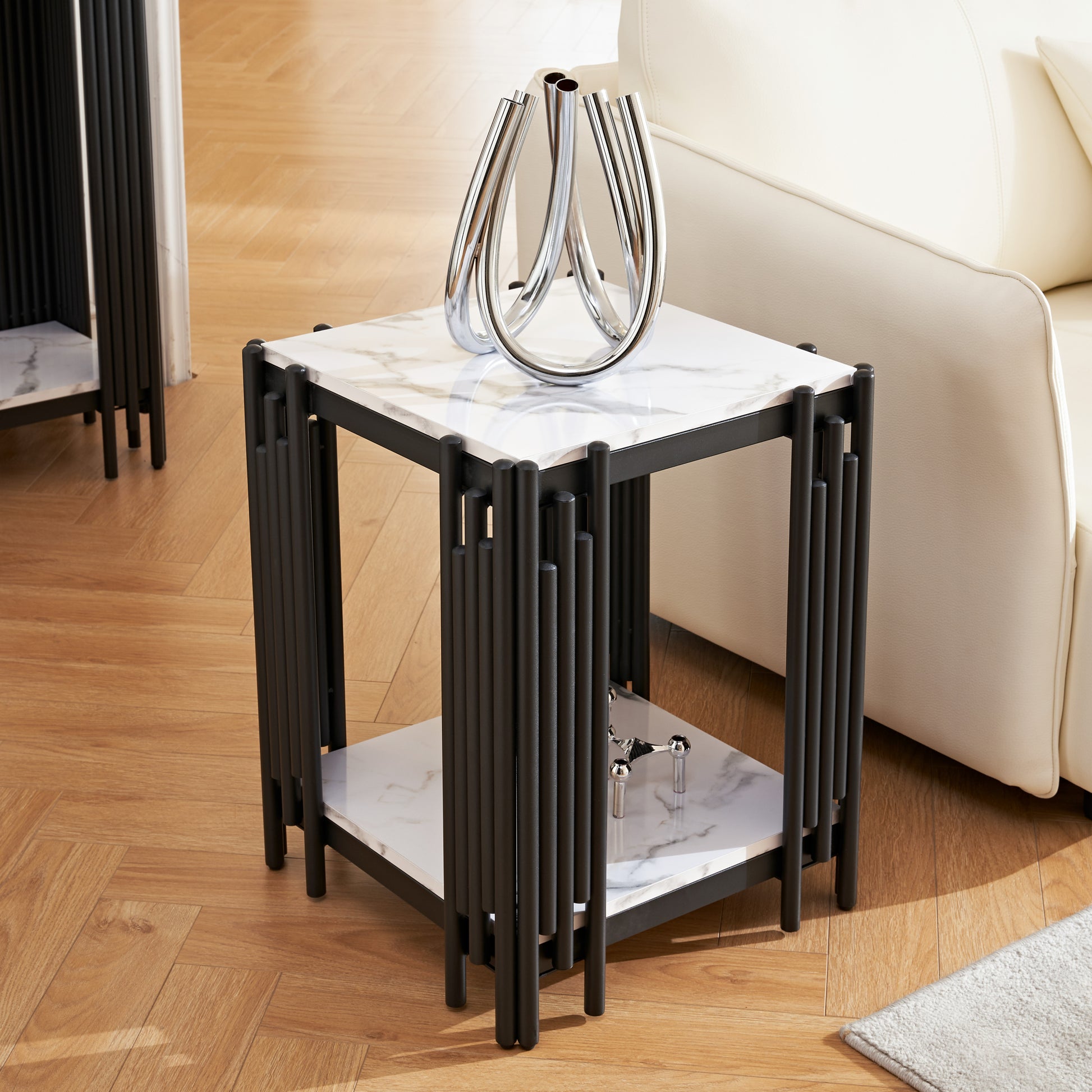 2 Tier Side Table, Faur Marbling End Table, Narrow Side Table With Storage Shelves, Modern Design Beside Table, Wood Nightstand For Living Room, Bedroom, And Office, Easy To Assembly, Black Black Primary Living Space Square Open Storage Coffee & End