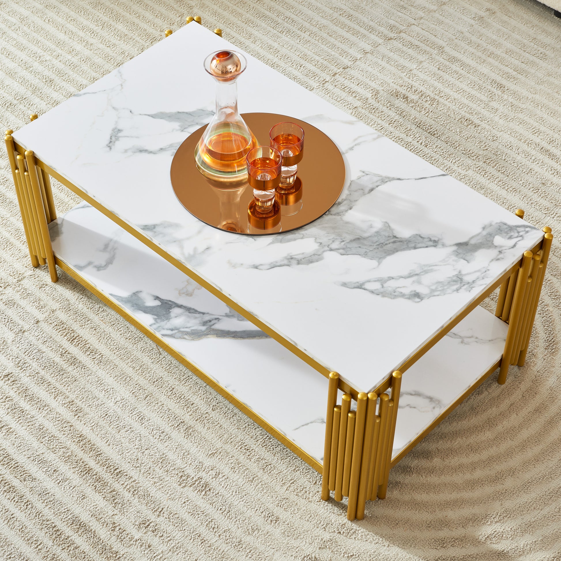 2 Tier Faux Marbling Coffee Table With Storage Shelf For Small Apartment Living Room, Modern Rectangle Wood And Stable Metal Tv Stand Side End Table Gold Primary Living Space Modern Rectangular Open Storage Coffee & End Tables Mdf Metal