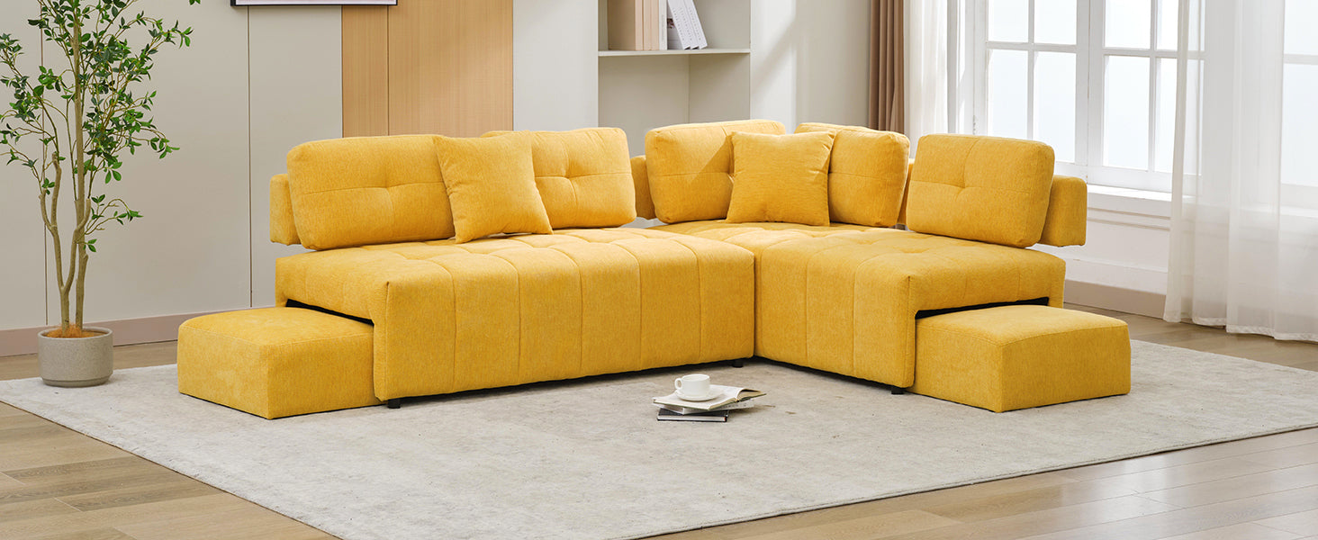 91.73" L Shaped Sofa Sectional Sofa Couch With 2 Stools And 2 Lumbar Pillows For Living Room, Yellow Yellow Chenille