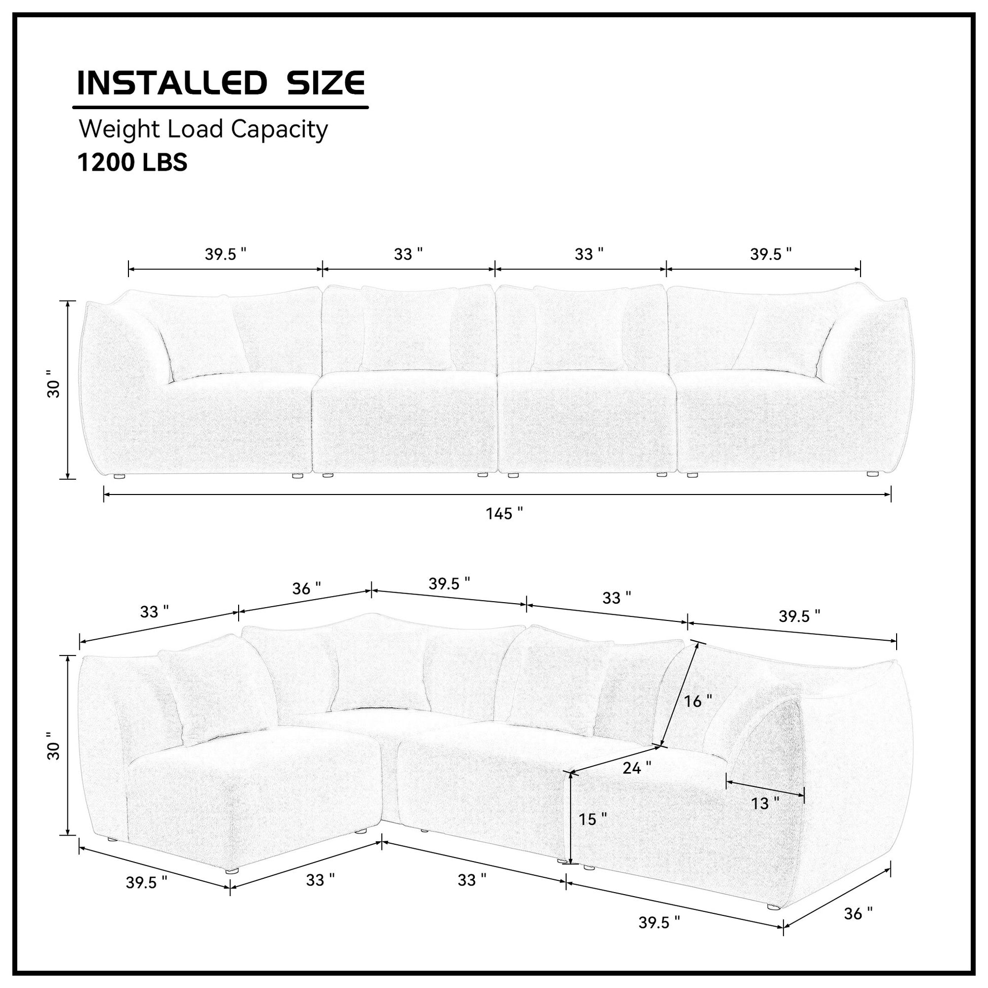 145 Inch Modular Sectional Couch 4 Seater Sectional Sofa Convertible Comfy Couches For Living Room Apartment, Office,Grey Gray Teddy