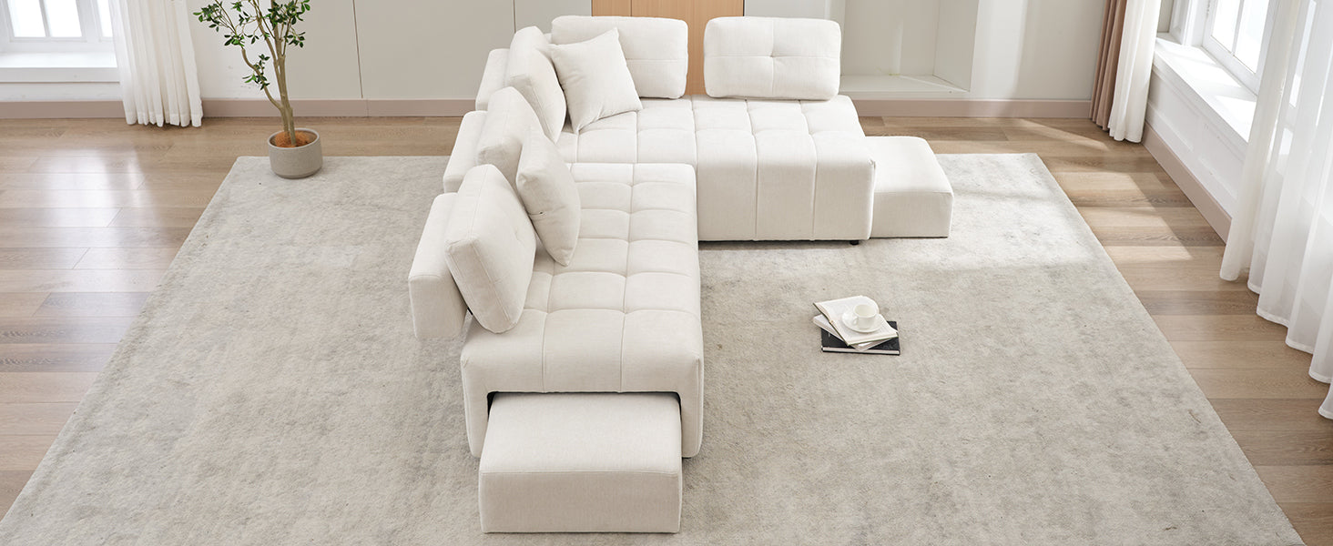 91.73" L Shaped Sofa Sectional Sofa Couch With 2 Stools And 2 Lumbar Pillows For Living Room, Biege Beige Chenille