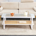 Modern Minimalist White Double Layered Solid Wood Coffee Table. Glass Tabletop, Imitation Rattan Edge Table. Rectangular Table Suitable For Living Room, Dining Room, And Bedroom White Wood