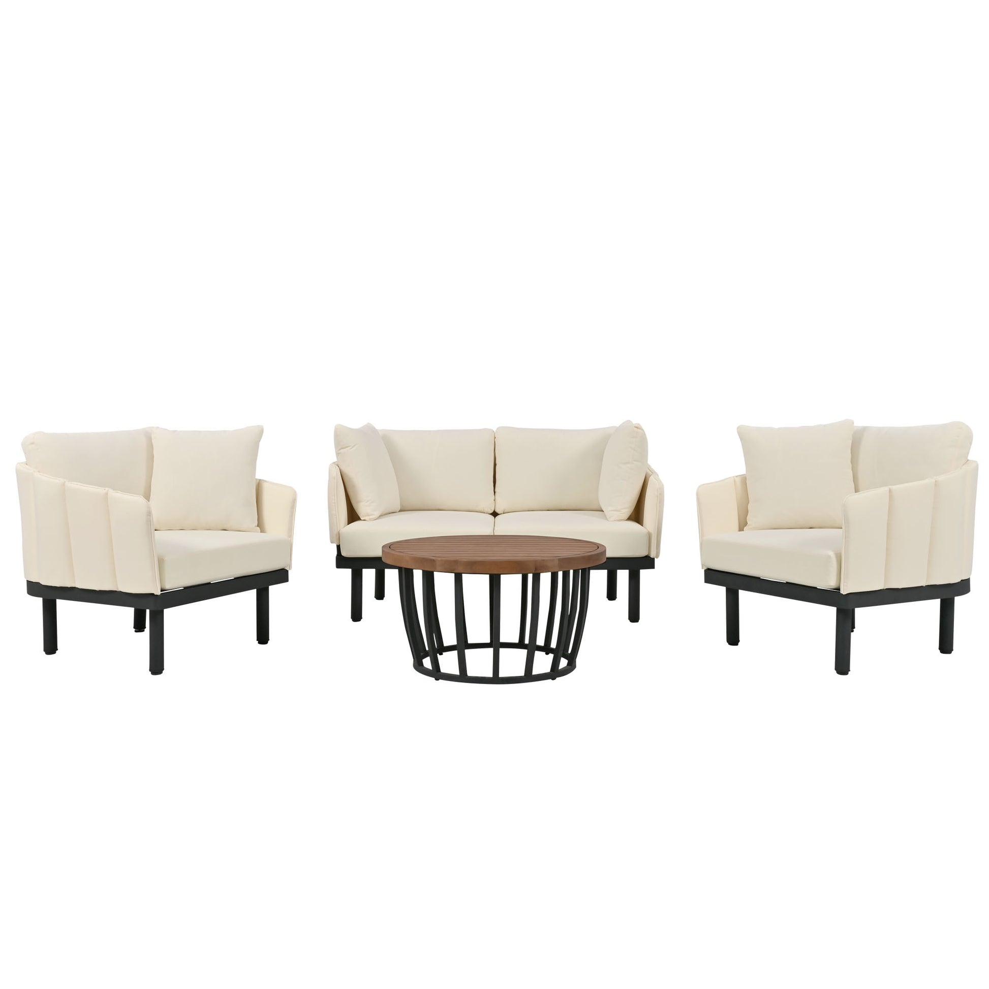 Luxury Modern 4 Piece Outdoor Iron Frame Conversation Set, Patio Chat Set With Acacia Wood Round Coffee Table For Backyard, Deck, Poolside, Indoor Use, Loveseat Arm Chairs, Beige Yes Sectional Beige Weather Resistant Frame Water Resistant Cushion Garden