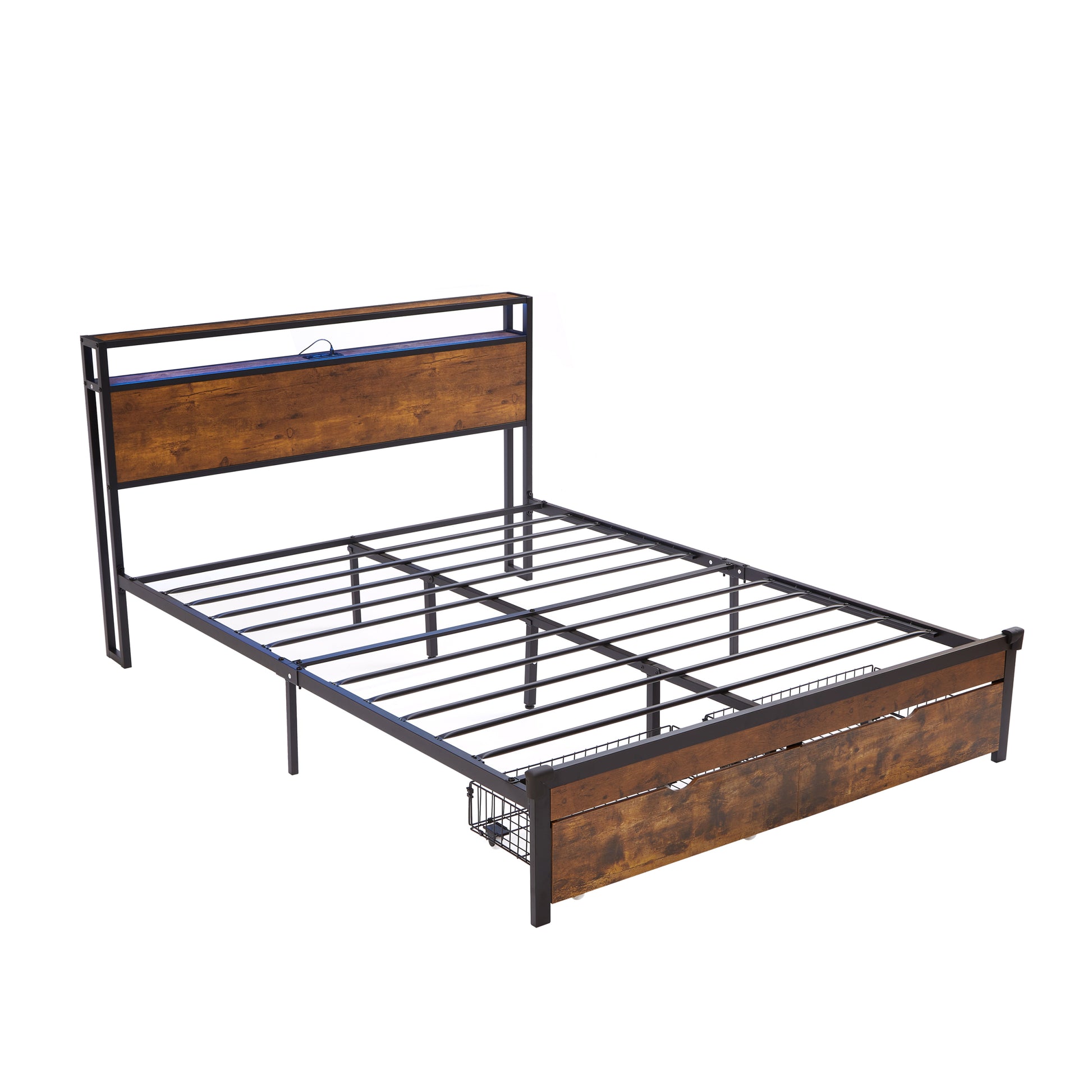King Size Metal Platform Bed Frame With Wooden Headboard And Footboard With Usb,Charging Station,2 Drawers,Led Lights, No Box Spring Needed, Easy Assemble King Brown Black Mdf Metal