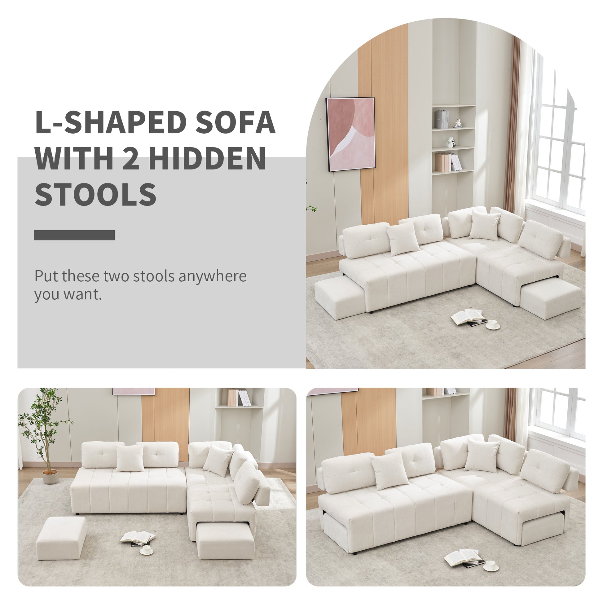 91.73" L Shaped Sofa Sectional Sofa Couch With 2 Stools And 2 Lumbar Pillows For Living Room, Biege Beige Chenille