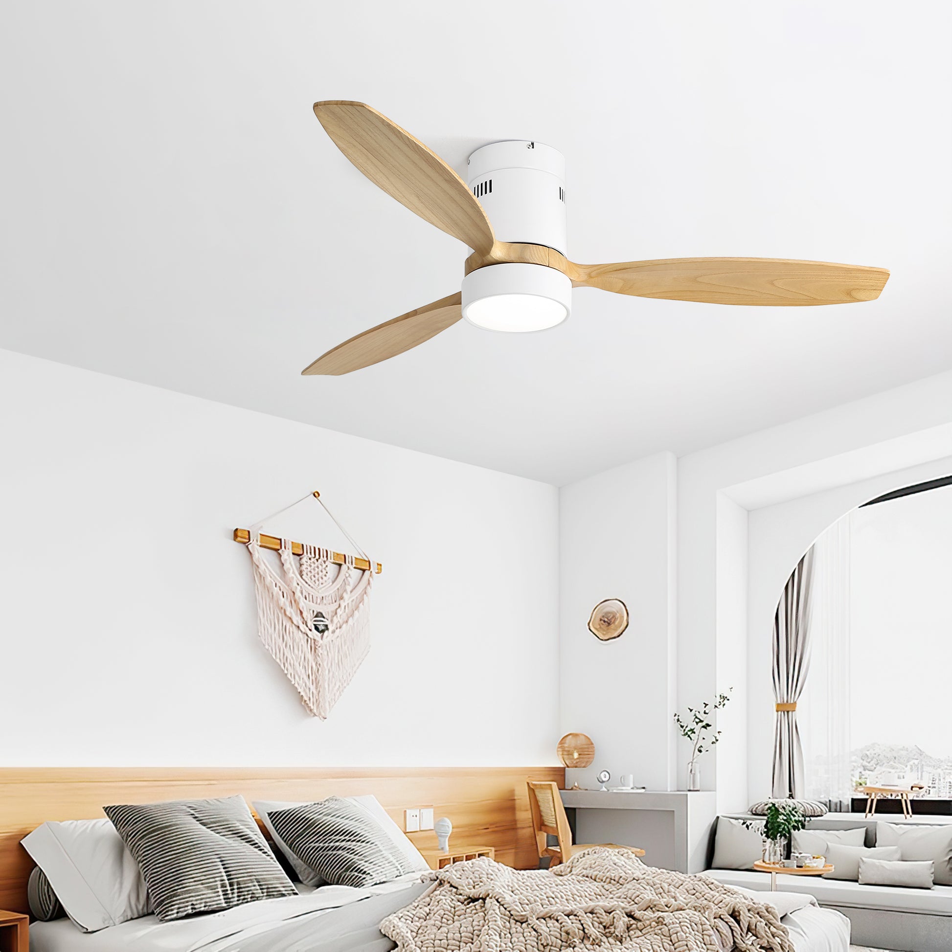 52 Inch Flush Mount Ceiling Fan Dc 3 Solid Wood Fan Blade Noiseless Reversible Motor Remote Control With Light White Metal & Wood