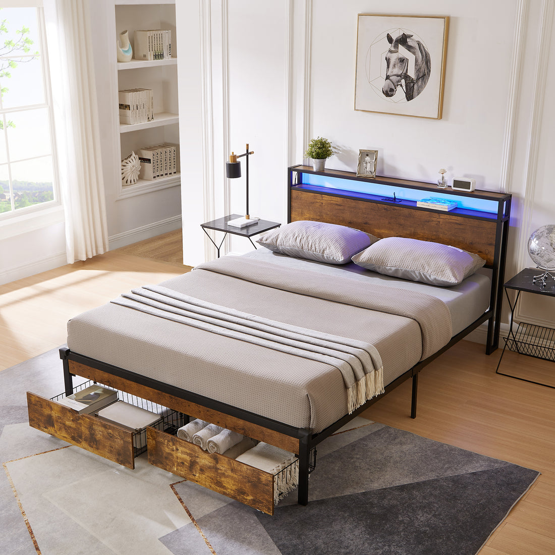 King Size Metal Platform Bed Frame With Wooden Headboard And Footboard With Usb,Charging Station,2 Drawers,Led Lights, No Box Spring Needed, Easy Assemble King Brown Black Mdf Metal