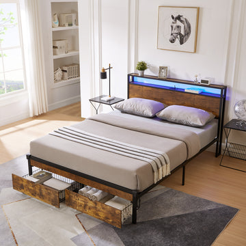 King Size Metal Platform Bed Frame With Wooden Headboard And Footboard With Usb,Charging Station,2 Drawers,Led Lights, No Box Spring Needed, Easy Assemble King Brown Black Mdf Metal