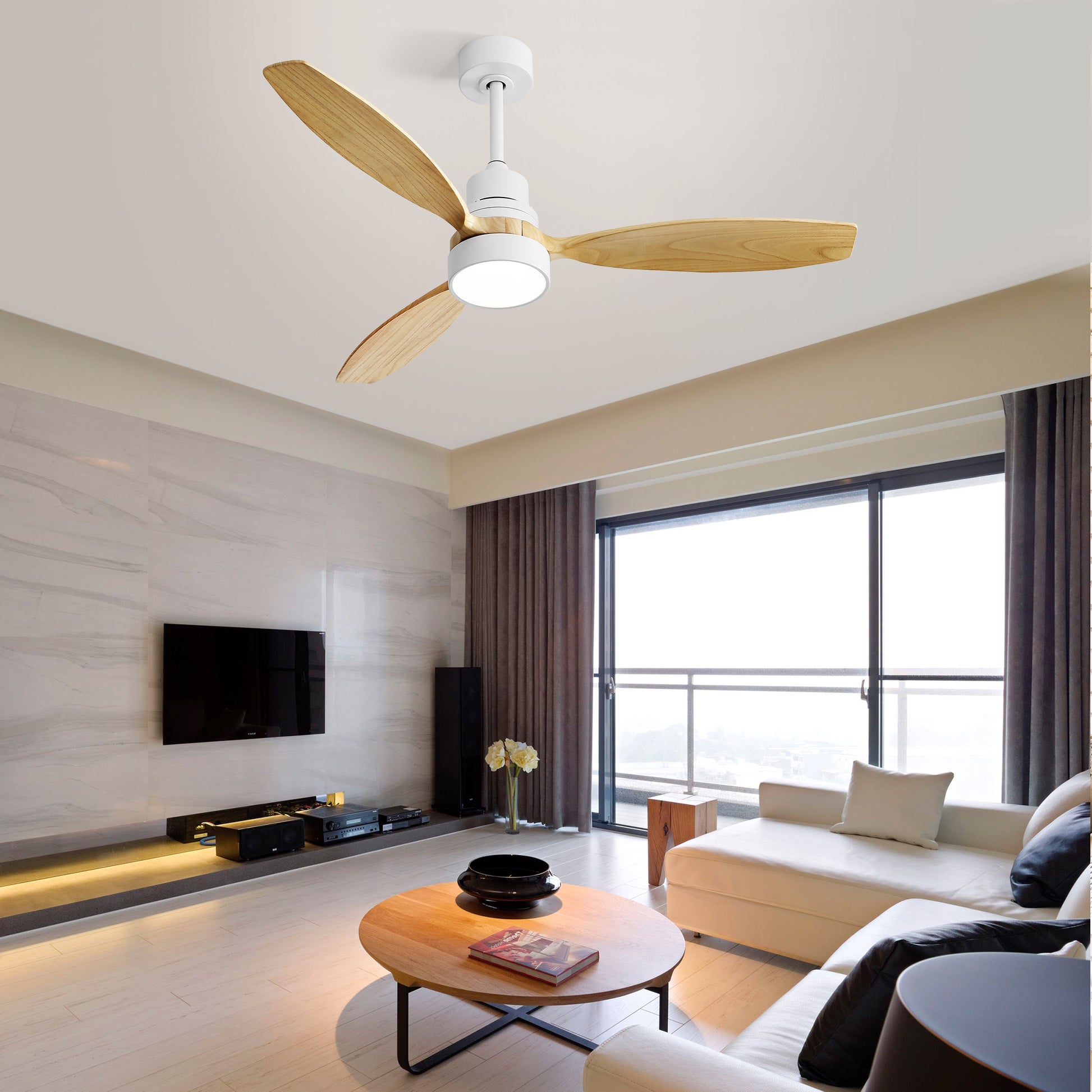 52 Inch Indoor Modern White 3 Solid Wood Blades Remote Control Reversible Dc Motor With Led Light White Metal & Wood