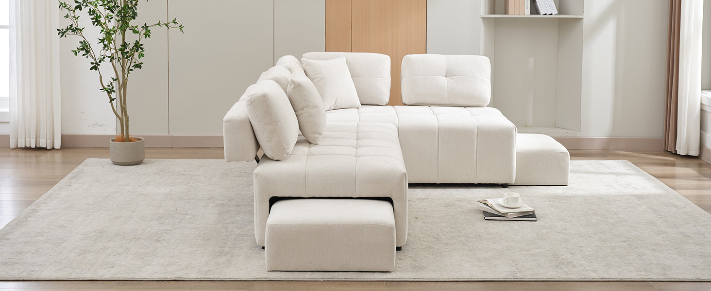 91.73" L Shaped Sofa Sectional Sofa Couch With 2 Stools And 2 Lumbar Pillows For Living Room, Biege Beige Chenille